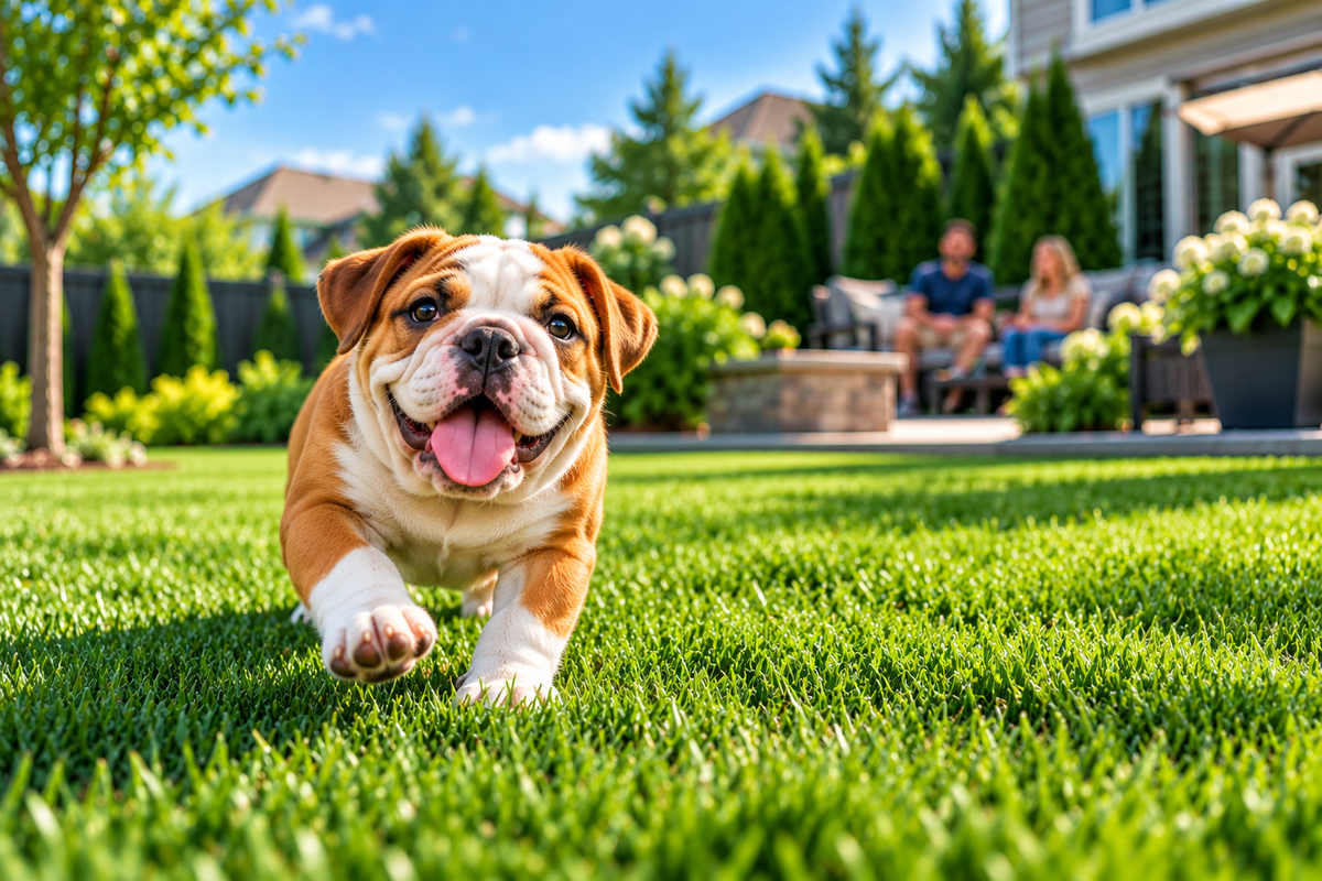 Bulldog running across a clean, poop-free backyard lawn