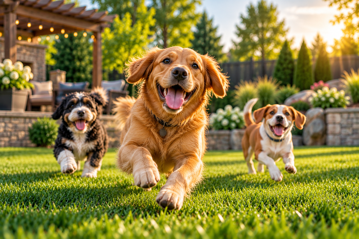 Three happy dogs playing on a clean backyard lawn