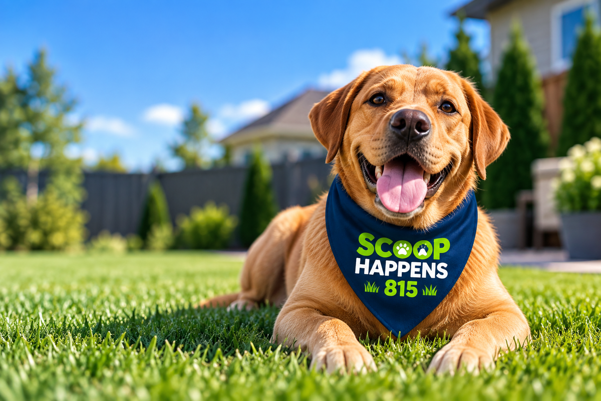Happy golden retriever in a Scoop Happens 815 bandana lying on a clean, freshly scooped backyard lawn