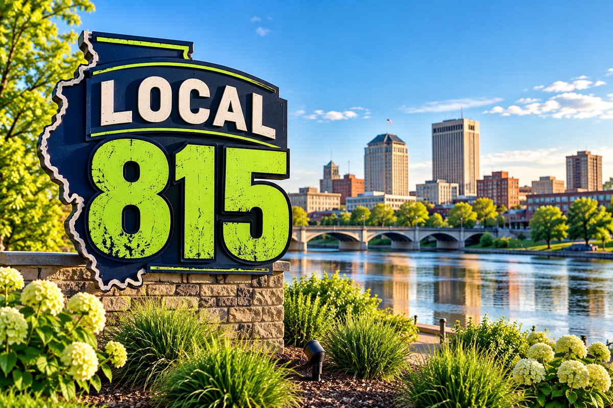 Local 815 sign in front of the Rockford, Illinois skyline and Rock River